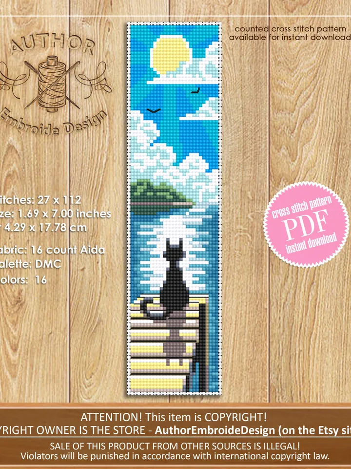 Cat Bookmark set cross stitch pattern download PDF Handmade bookmark cross stitch, Black cat embroidery, Sunset, Nature landscape Moon #B112