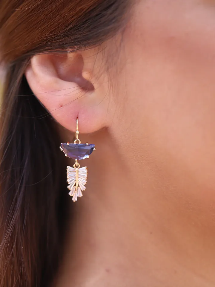 Gold Blue Art Deco Wedding Earrings For Bride, Boho Bridal Earrings, Chandelier Stetement Earrings, Teardrop Earrings, Blue Bridal Jewelry