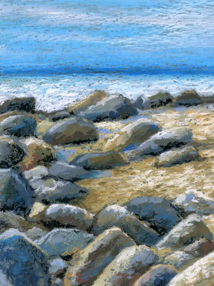Seascape, Coast, Lovers' walk on the beach, Original oil pastel drawing on A4 kraft paper