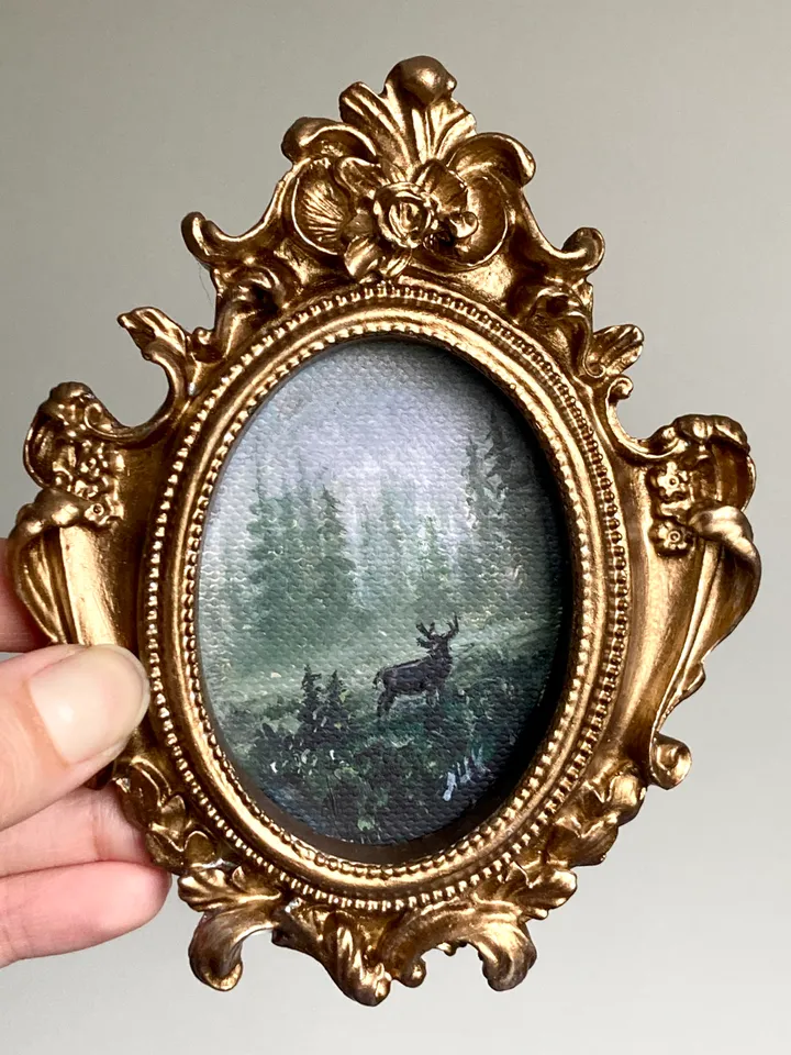 Forest Landscape Oil Painting Original In Vintage Style Frame Small Framed Oval Painting Art