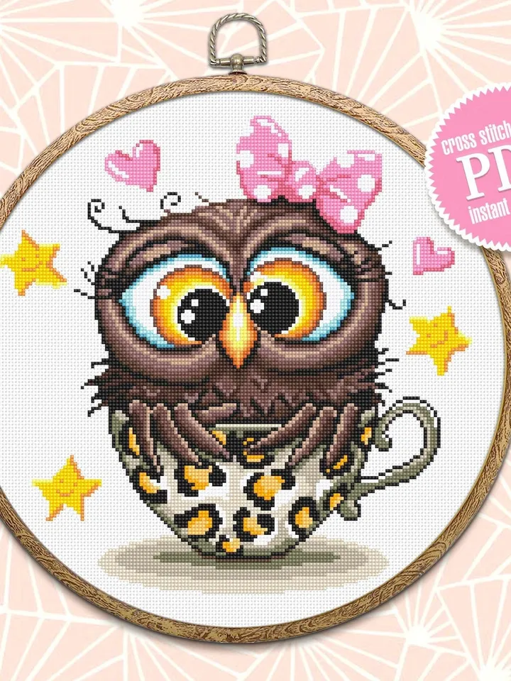 Cute owl cross stitch pattern digital PDF Leopard print cup cross stitch Instant download PDF Funny bird xstitch chart Modern Home decor #D5