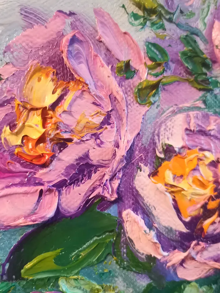 Pomegranate Glass Vase Flowers Pink Roses Impasto Oil Painting Original Artist Svinar Oksana