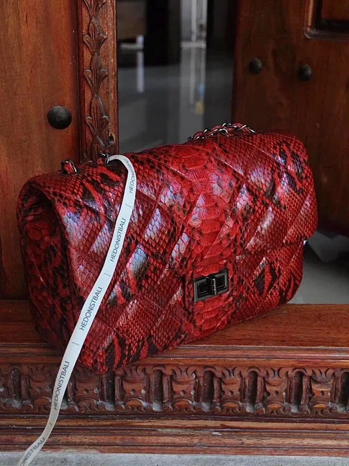 Genuine python skin classy stitched big crossbody | designer women leather handbag |red snakeprint bag | crossbody purse | gift for her
