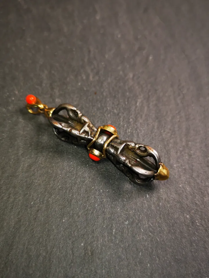 Gandhanra Tibetan Buddhist Amulet,Five-pronged Dorje Vajra Pendant with Leather Chord,Made of Cold Iron,1.77&quot;