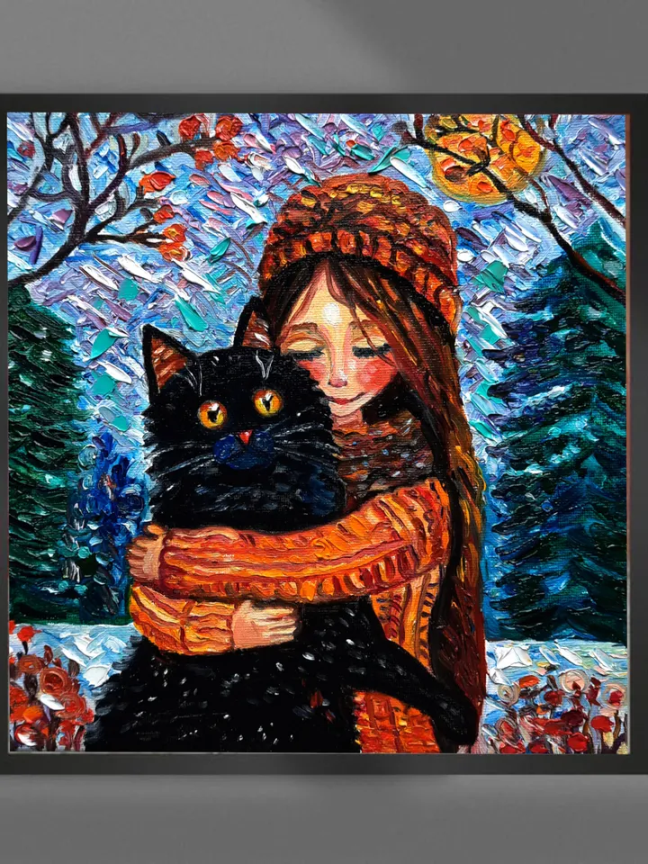 Girl with a Black Cat Art Painting Original Oil Art
Oil on Canvas