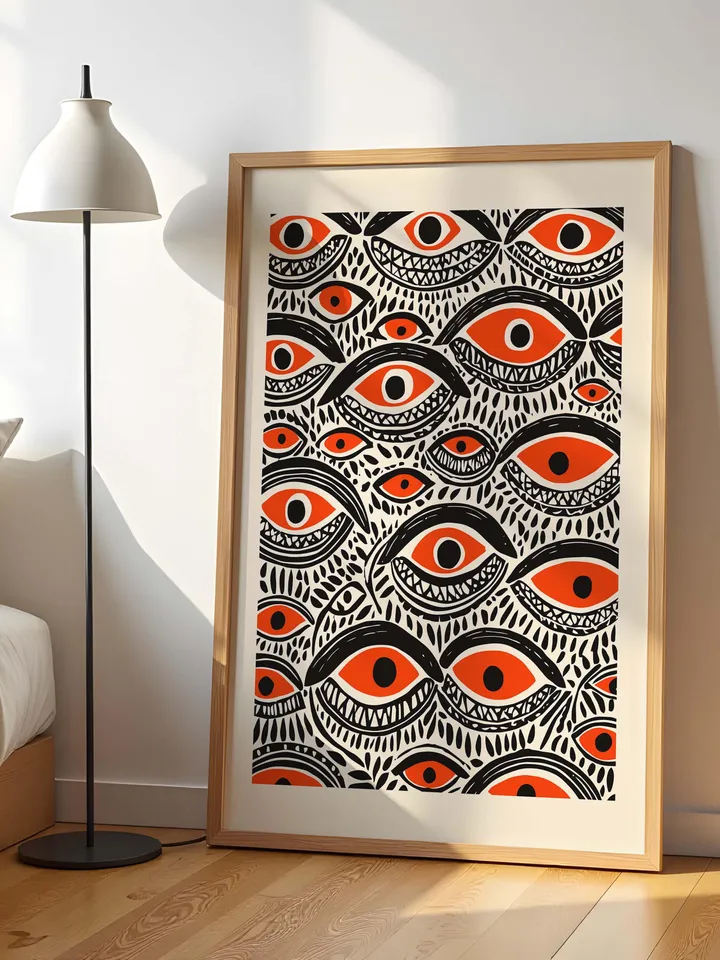 Bold Eye Wall Art, Psychedelic Eye Poster, Tribal Orange, Black Digital Print, Surreal Eye Illustration, Instant Download, crazy eyes art
