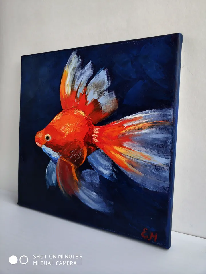 Oil painting goldfish, Bright fish, Symbol of good luck and happiness, Goldfish oil painting