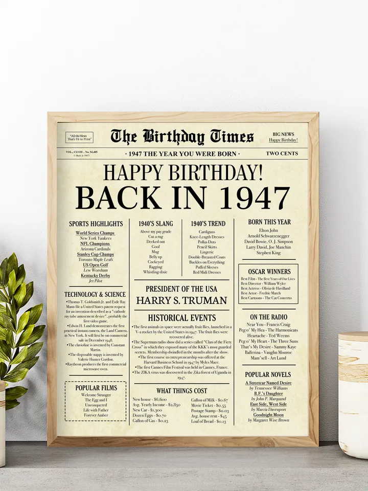Back in 1947 Birthday Card - 77th Birthday Gift for Women or Men - 77th Birthday Decoration for Grandmother or Grandpa - Funny Table Centerpiece for 77 Years Old Birthday Party - Last Minute Gift