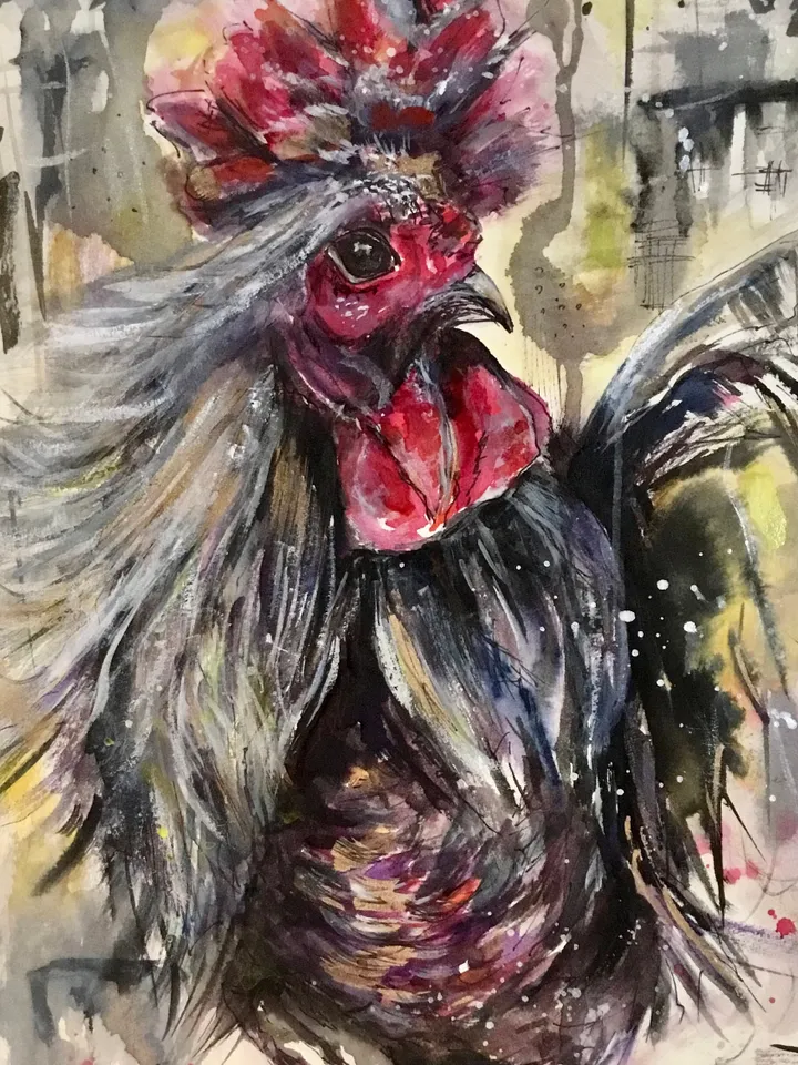 Silver rooster original watercolour mix media artwork on watercolour paper,birds painting watercolour,home decoration wall art,gift