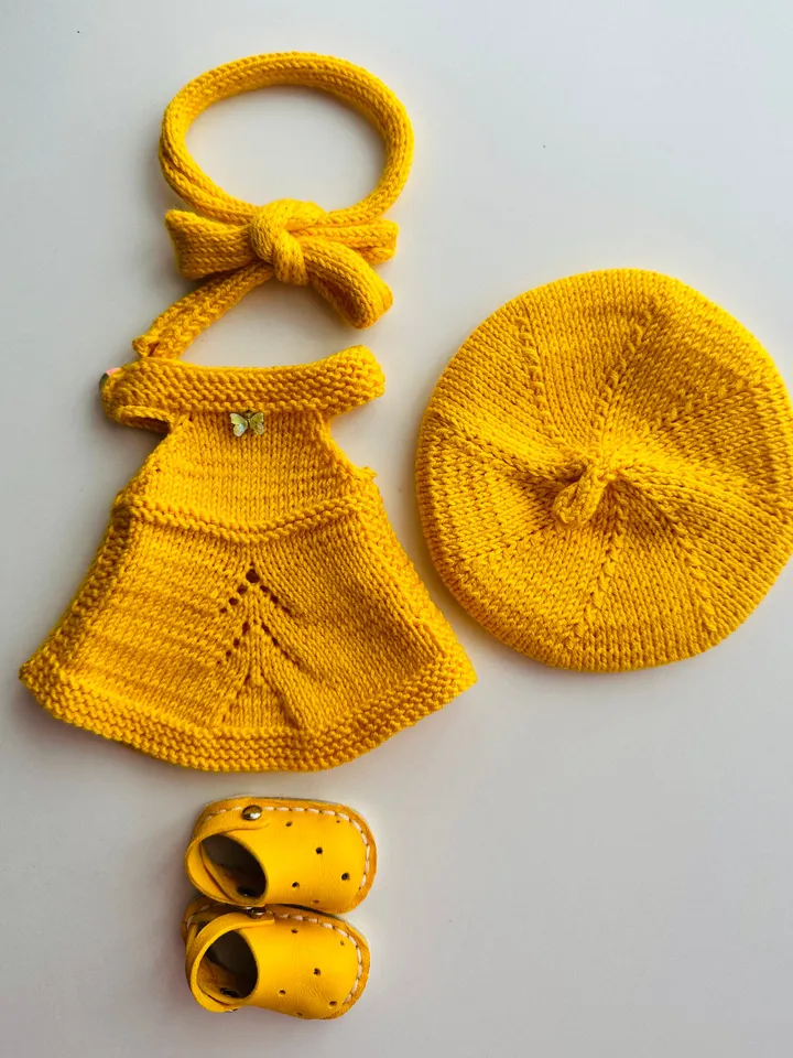 Paola Reina Doll 4 ITEMS Set: Exclusive Handmade Outfit - Summer Dress, Beret, Headband, Crocs