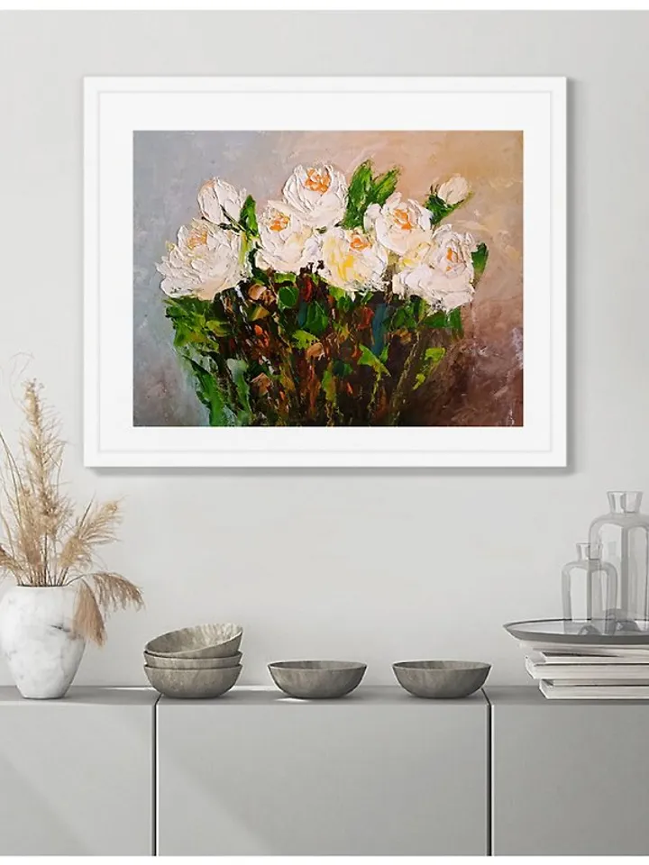 Roses White Flowers Original Oil Painting / Home Decoration / Composition / Art
