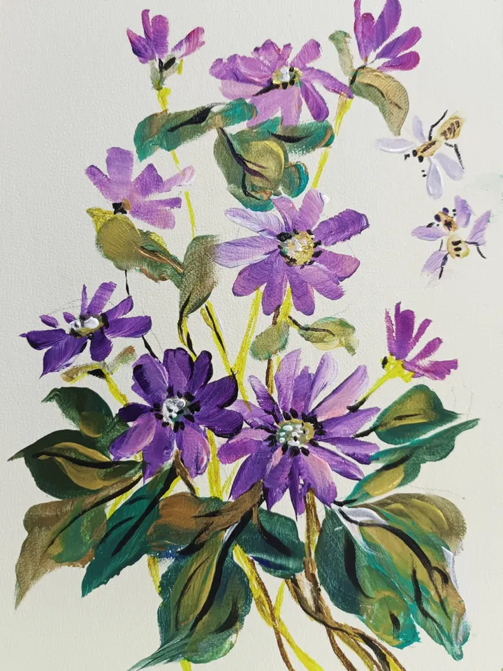 Painting "Anemone and bees". Cardboard 6" x 8". Acrylic. Author's work
