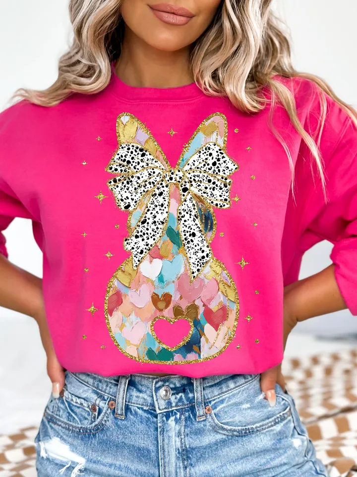 Colorful Coquette gold glitter bunny bow png girls easter coquette design dtf easter girls png kids spring design bow acrylic brushstroke