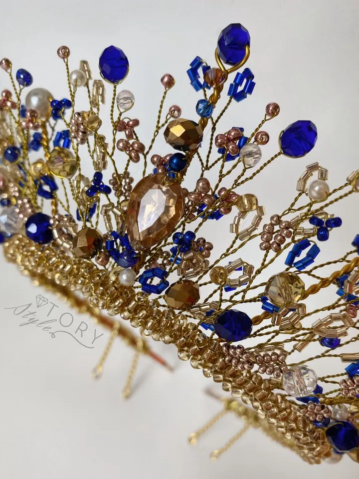 Gold and Blue crown, Gold crown, Gold tiara, Gold blue tiara, Diadem, wedding crown, Wedding headpiece, a crown for a princess, a children's tiara