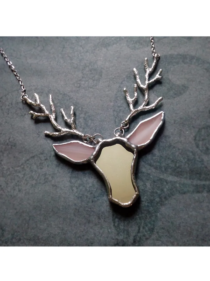 Deer antler jewelry, Deer head necklace, Noel, Yule jewelry. Christmas deer, stag head pendant