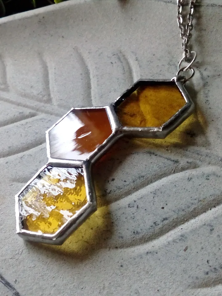 Honeycomb glass necklace, stained glass honeycomb, honey bee decor, bee art, honey bee jewelry, bee lover gift,
