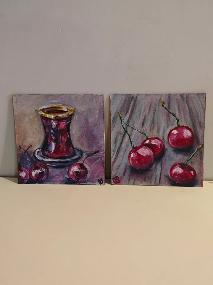 Cherries And Hibiscus Red Tea Original Painting Fruit Original Art Cherries And Glass Red Tea Modern Artwork Bright Cherry Oil Painting Cherry Fruit And Hibiscus Tea Wall Art Decor 5 x 5 inches by OlgaSokolovaArt