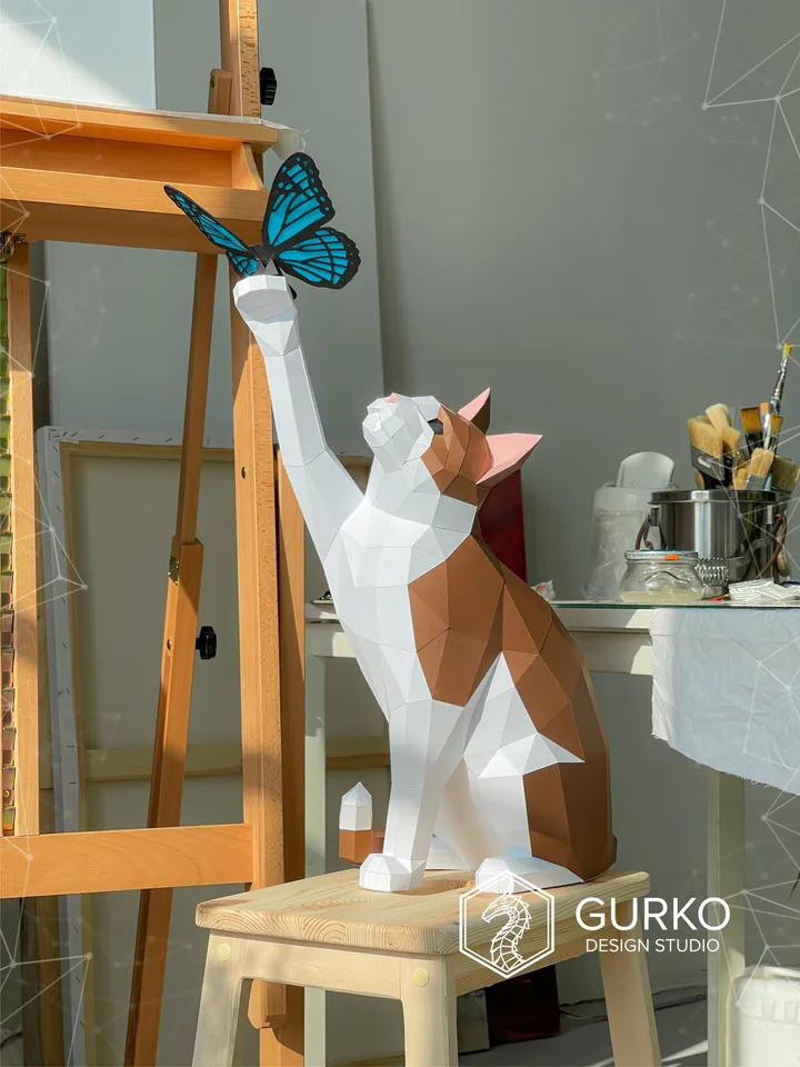 Papercraft Cat With Butterfly, Digital Template, PDF Download, Gurko, LowPoly, Pepakura, Origami Sculpture, Paper Party Decoration, DIY Gift