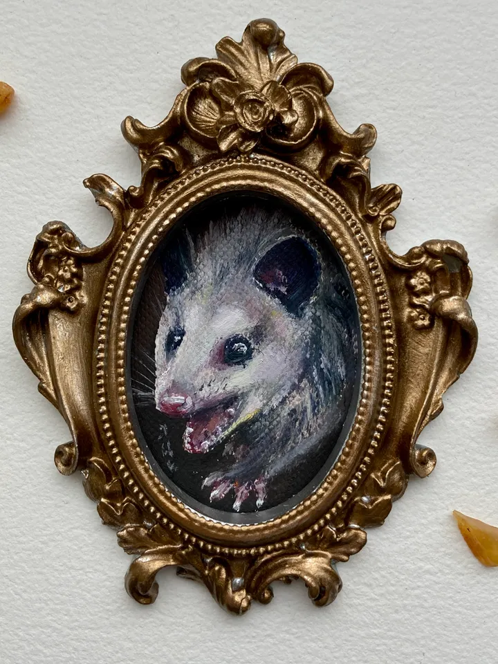 Opossum Oil Painting Original In Vintage Style Frame Small Framed Animals Wildlife Art