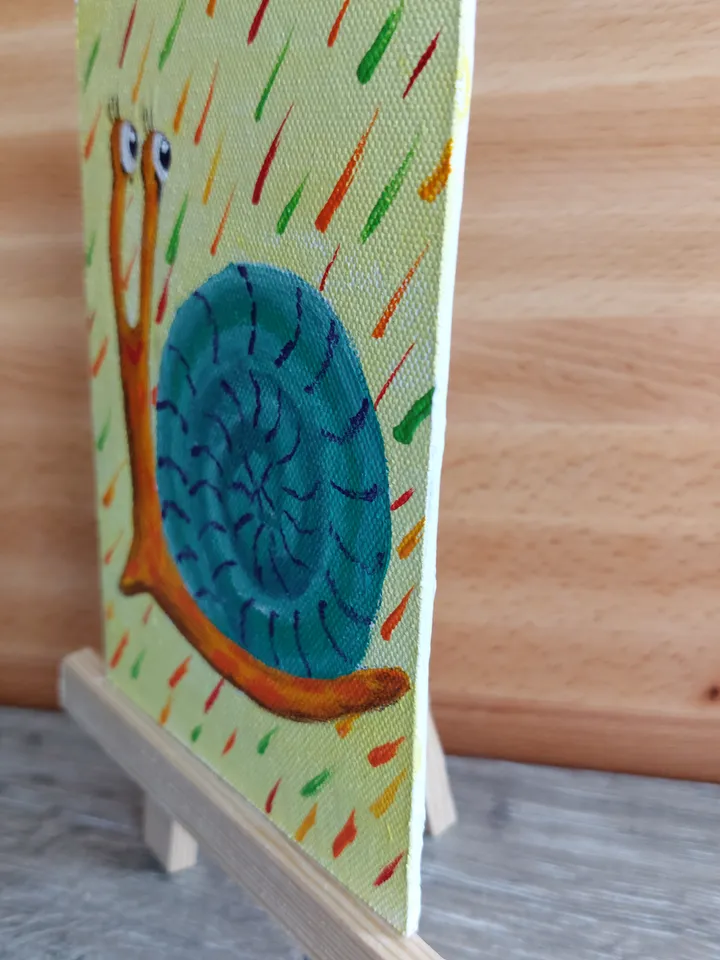 Mini painting with the image of the "Happy Snail", Original design, Painting on the panel