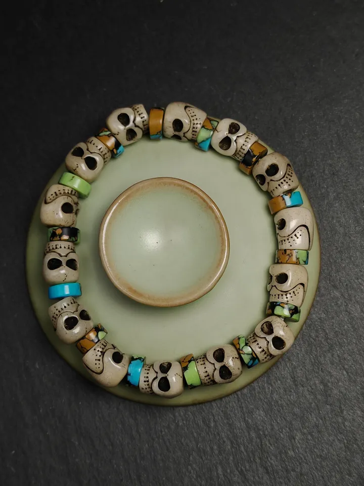 Authentic Tibetan Citipati Skulls Bead Bracelet | Unique Yak bone Carved Wrist Mala with Mixed Turquoise,Gandhanra Tibetan Jewelry