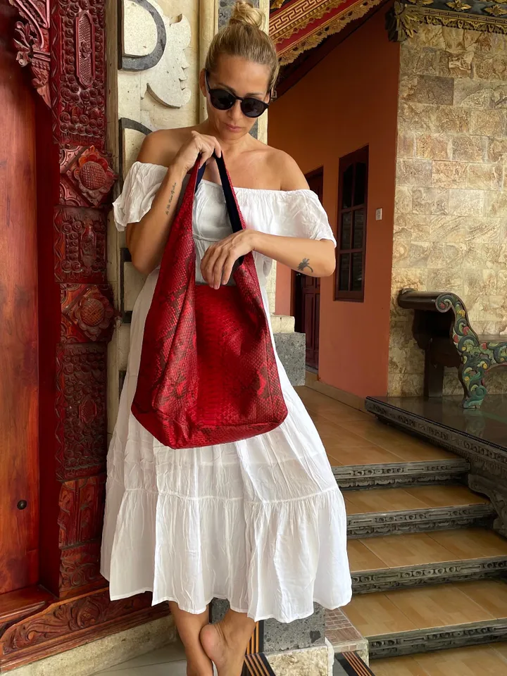 Big Soft Hobo Classy Sport Woman Bag | Purse Genuine Python Skin | Red Riva Elegant Leather Designer Soft Bag Snake | exotic leather purse
