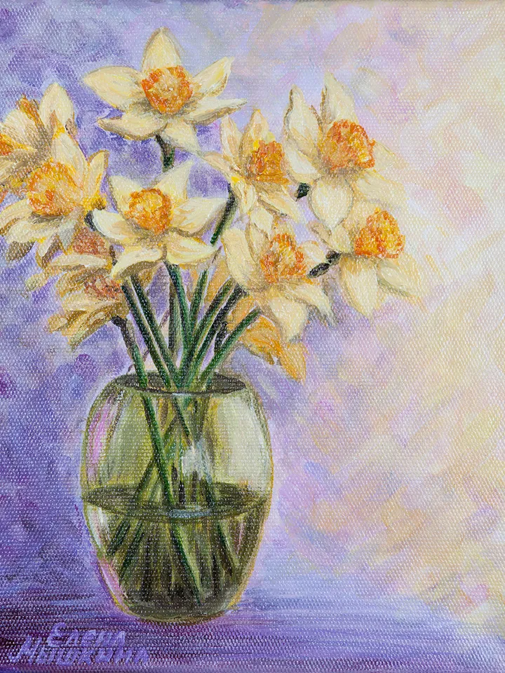 Painting with daffodils, Daffodils in a vase painting, Acrylic painting, Painting with flowers, Flowers painting, Daffodils art.