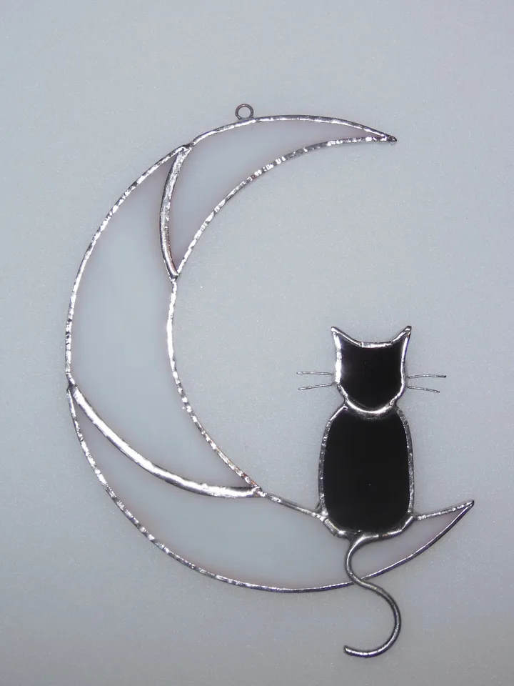 Black Cat On The Moon . Art stained glass window hanging Suncatcher . Gift for animal lover , pet loss memorial . White and black