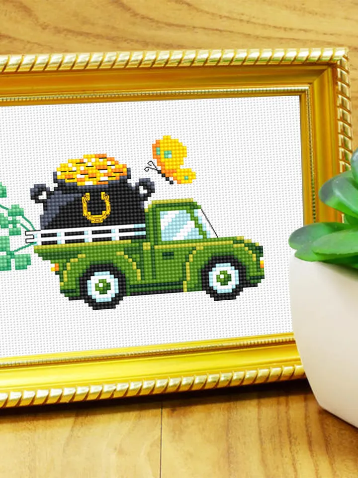 St Patricks truck cross stitch pattern PDF download Happy St Patrick's Day cross stitch chart for beginner, Pot of gold cross stitch #T30