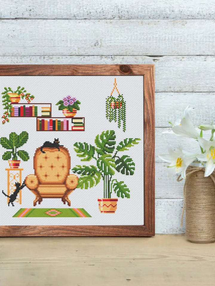 Plant cross stitch pattern download PDF Monstera cross stitch, Potted plants pattern digital PDF, Floral cross stitch, Home sweet home #P25