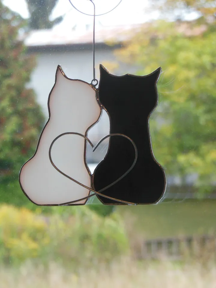 Couple in love Two Cats Stained glass hanging and standing on table , shelf sitters , Suncatcher black , white 2. Cute gift for animal lover