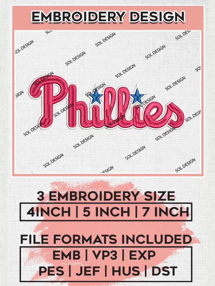 MLB Wordmark Logo Embroidery Files, MLB Philadelphia Phillies Team Embroidery, MLB Teams, 3 sizes, MLB Machine embroidery designs, Digital Download