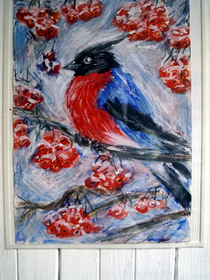 Oil pastel painting "Bullfinch and berries"