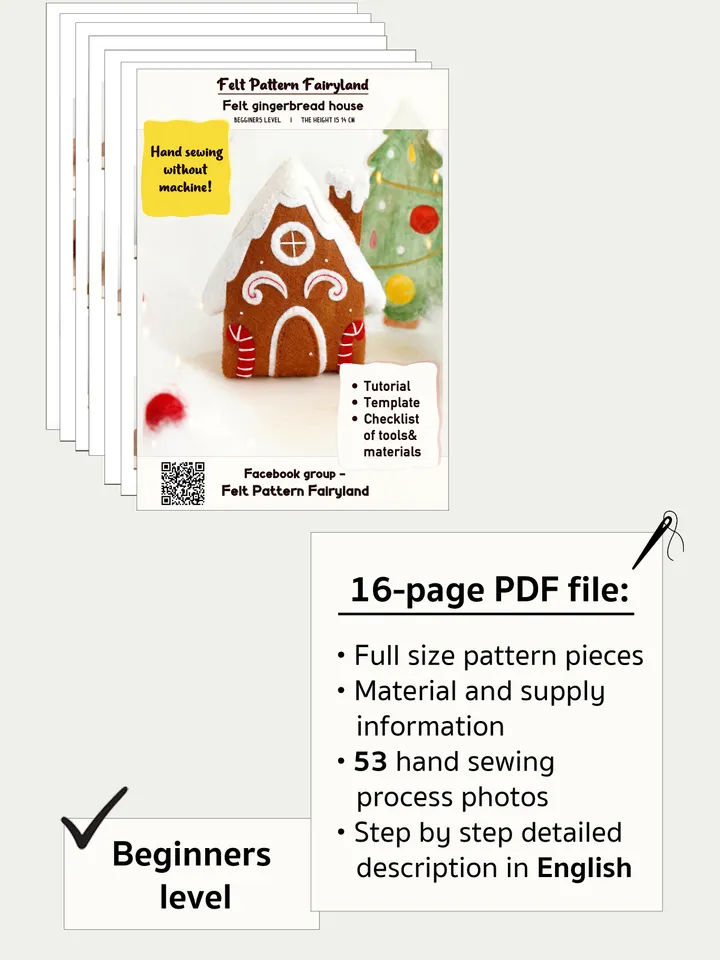 Felt gingerbread boy, girl and house hand sewing PDF tutorial with patterns. DIY Christmas tree ornaments. Soft toy pattern
