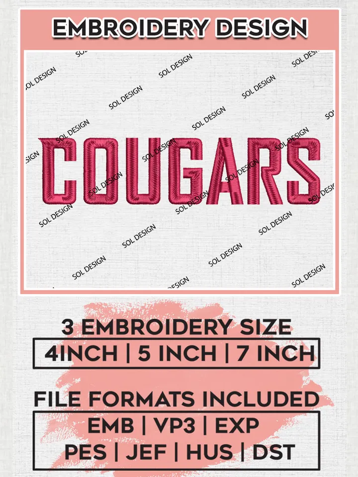 Cougars NCAA Football Team Word Logo Embroidery Design Files, NCAA Washington State Cougars Machine Embroidery, NCAA Teams, Game Day, 3 sizes, NCAA Machine embroidery designs, Digital Download