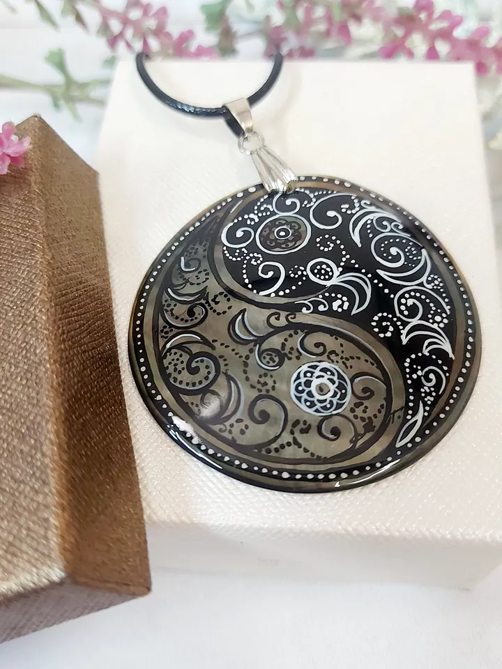 Pearl pendant necklace: Black paisley pattern in Yin Yang symbol hand painted on mother of pearl necklace • handmade boho jewelry pendant