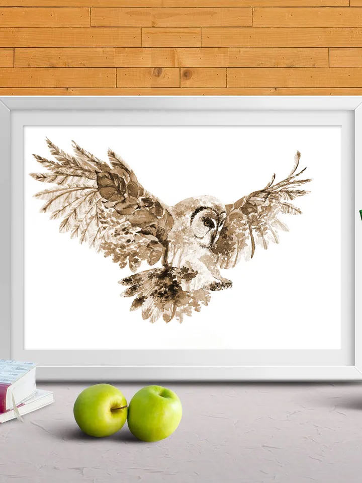 Owl Art Print, Printable Download, Sepia Watercolor Print, Wild Animal, Wall Decor, Prints Wall Art, Forest Nature Eco