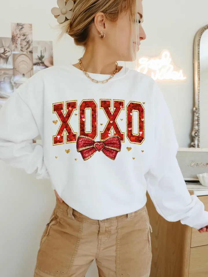 Valentine XOXO Coquette Sparkly Glitter Png, Valentines Day Shirt Design, Valentines Day PNG, Xoxo PNG, Red Faux Sequins Valentines Png