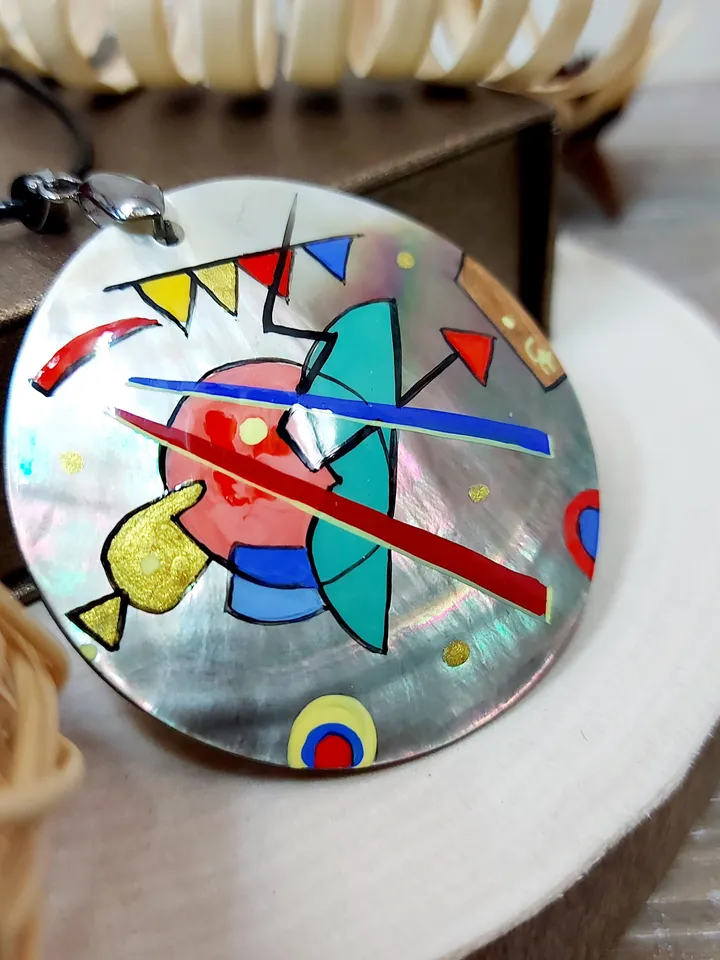 Pendant Kandinsky 2 Mother-of-pearl Hand-painted Russian jewelry magic of painting fine art jewelry Art gift Fedoskino Collectible