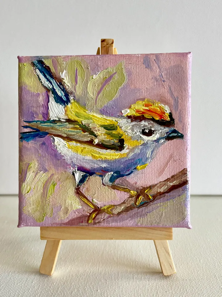 Chickadee Painting, Bird Art Original oil Painting on Canvas, Wildlife Wall Art, Miniature Artwork 4"x 4"