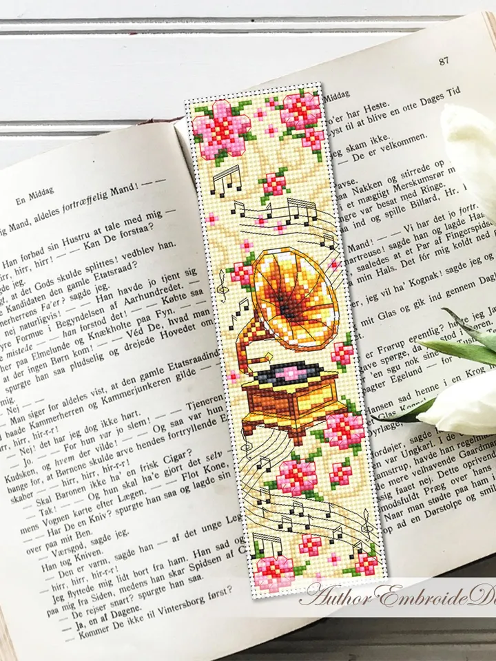 Music bookmark cross stitch pattern PDF instant download Vintage gramophone cross stitch chart, Flower bookmark pattern digital PDF #B411