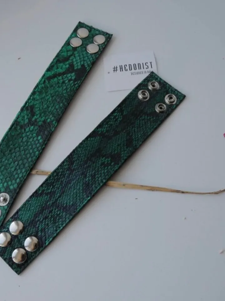 Green Python Skin Bracelet | Flat Woman Buttoned Exotic Leather Bracelet | Wide Leather Bracelet | Women Jewerly | Snake Skin Bracelet