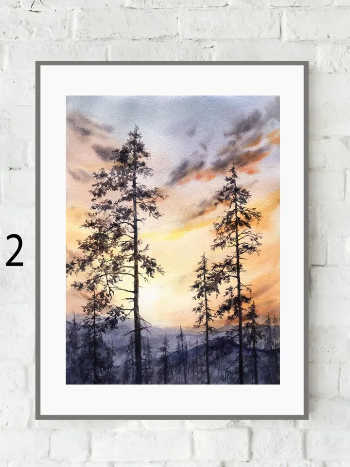 Sunset Watercolor Painting Landscape Set of 4 Prints Sunset Postcards