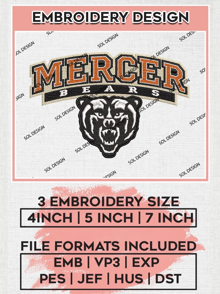NCAA Mercer Bears Team Head Mascot Logo Machine Embroidery Design, NCAA Mercer Bears Team Design Design files, NCAA Team Embroidery Designs, NCAA Machine Embroidery Designs, Digital Download