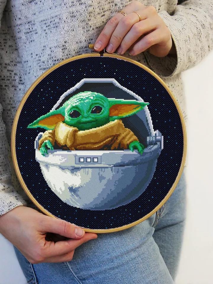 Green baby Yoda Grogu cross stitch pattern instant download PDF, Fantasy movie Mandalorian heroes cross stitch chart, Fun art, Star Wars Characters, Starry night sky #SW2
