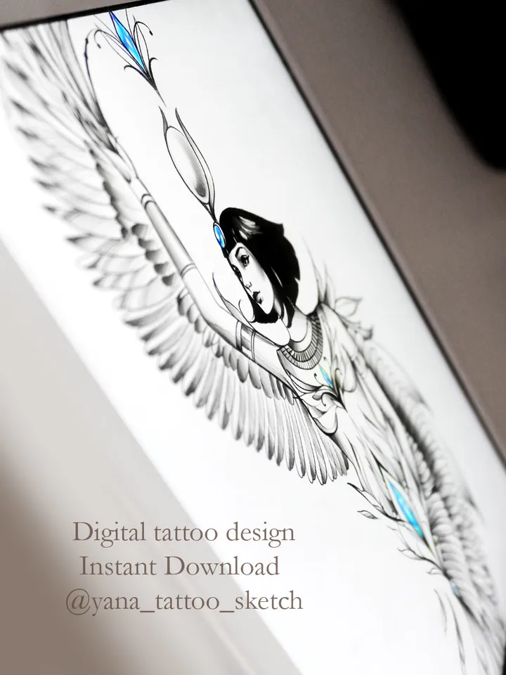 Egyptian Goddess Tattoo Design Goddess Isis Tattoo Stencil Drawing Idea, Instant download PDF, JPG