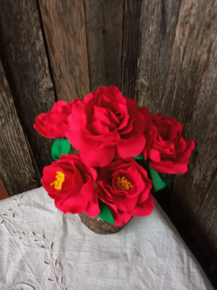 Handmade Red Roses in Paper Mache Vase - Rustic Charm. Home decor indoor Gifts for her
