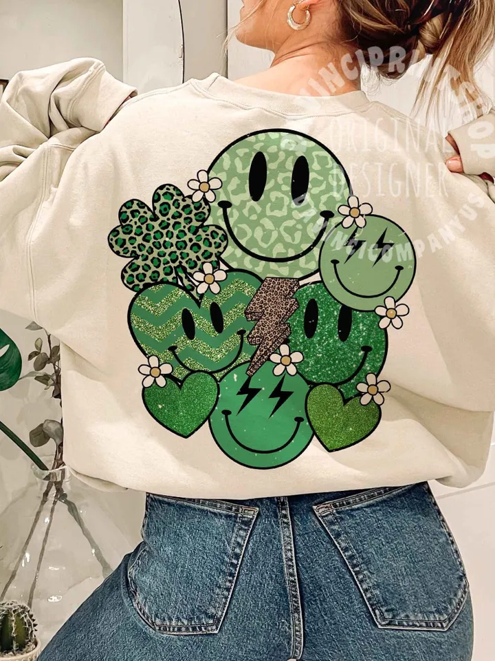 St Patty’s Day Green Smile Png, St Patricks Day Love Smile Clover Hearts Retro Groovy, St patricks day png, Retro st patricks day png, png