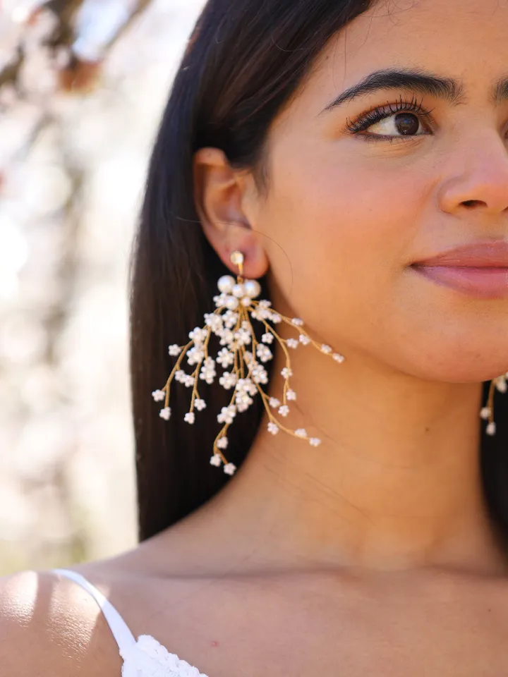 Long Boho Wedding Earrings, Pearl Bridal Earrings, Rose Gold Chandelier Wedding Earrings, Statement Bridal Jewelry, Statement Earrings