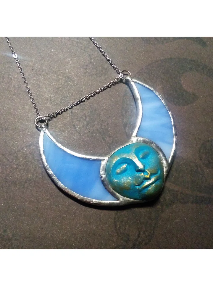 Stained glass blue moon, Moon Goddess, Moon phase necklace, Stainglass crescent, Full moon pendant, Moon face necklace